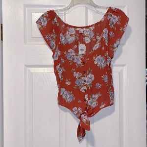 American Eagle Outfitters Red Floral Tie-Front Top, Small